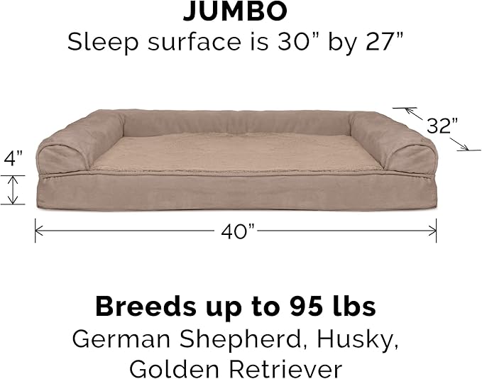 Furhaven Cooling Gel Dog Bed for Large Dogs w/ Removable Bolsters & Washable Cover, For Dogs Up to 95 lbs - Plush & Suede Sofa - Almondine, Jumbo/XL