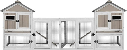 94''L Rabbit Hutch Outdoor Chicken Coop with Run, Wooden Indoor 2 Story Bunny House with Waterproof Roof, Pull Out Tray, Guinea Pig Rabbit Duck Cage for Small to Medium Animals and Pet Lover, Gray