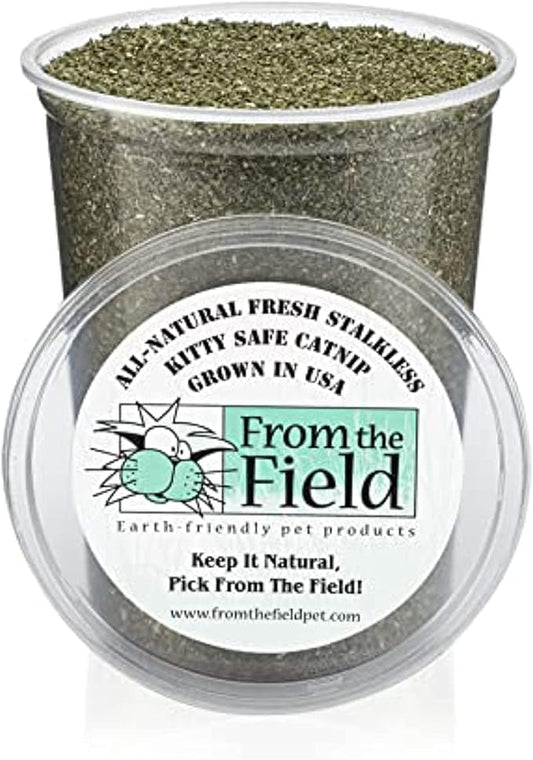 from The Field | Fine Ground Stalkless Catnip | Premium USA-Grown Catnip for Toys & Playtime | Fresh, Potent, Non-Toxic, Eco-Friendly | Safe for Kittens & Cats | Resealable 6 oz Tub