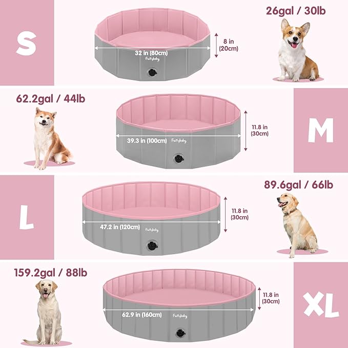 Furrybaby Dog Pool, Foldable Dog Pools for Large Dogs Portable Kiddie Pool Pet Doggie Wading Swimming (Pink 63'') Indoor and Outdoor