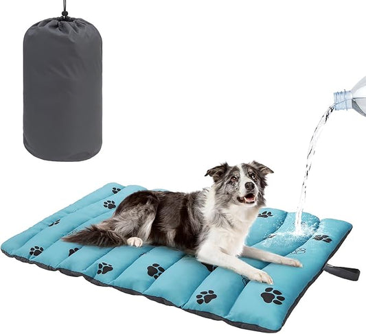 BEAUTYZOO Outdoor Dog Bed Waterproof, Camping Dog Bed Reversible, Portable Travel Bed with Carry Bag- Machine Washable, Durable, Foldable Outdoor Pet Bed Mat for Medium Large Dogs, 26” x 43“ Blue