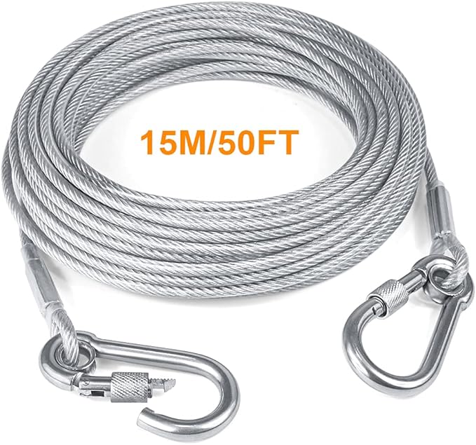 Tresbro 50FT Reflective Tie Out Cable for Dogs Up to 250 Pounds, Steel Wire Lead Leash Cable with Stainless Dual Fix Buckle, Lightweight and Enduring, Outdoor Dog Chains for Outside,Yard,Camping