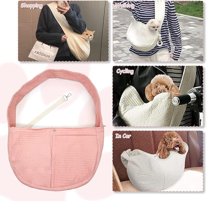 NATUYA Small Dog Carrier Sling, Adjustable Strap Lightweight Comfy Puppy Pouch, Hand Free Pet Dog Sling Walking Subway Travel Toy Dog Carrying Bag (Pink,Adjust Strap-Canvas)