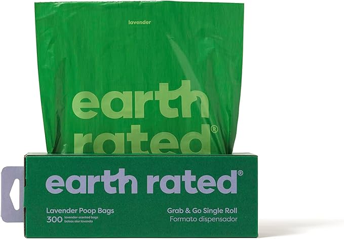 Earth Rated Dog Poop Bags, Thick Grab and Go Single Roll, Ideal for Backyard Pickups, Lavender Scented, 300 Count