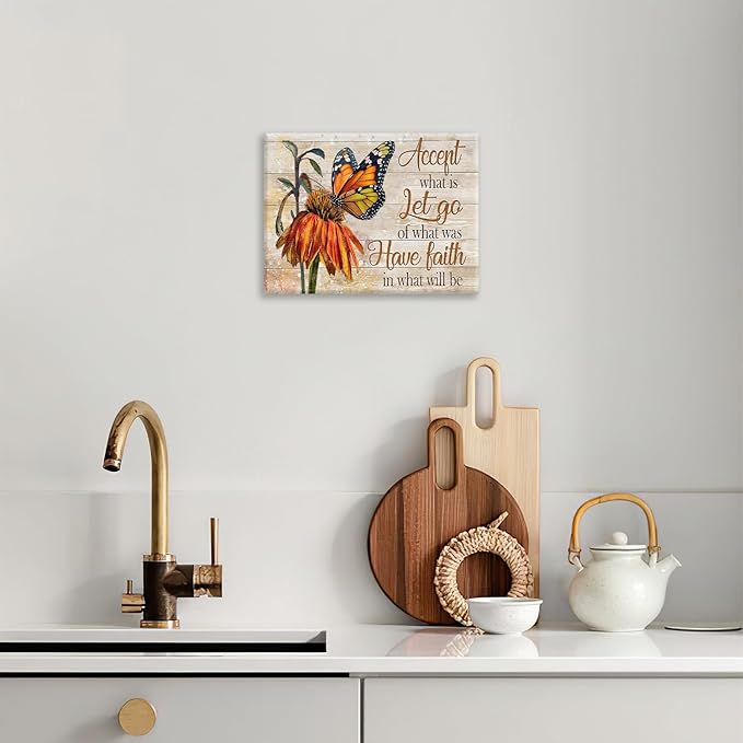 Farmhouse Butterfly Bathroom Pictures Wall Art, Rustic Floral Country Bathroom Wall Decor, Daisy Inspirational Framed Painting Canvas Artwork for Bedroom Living Room Decorations 20"L x 16"W