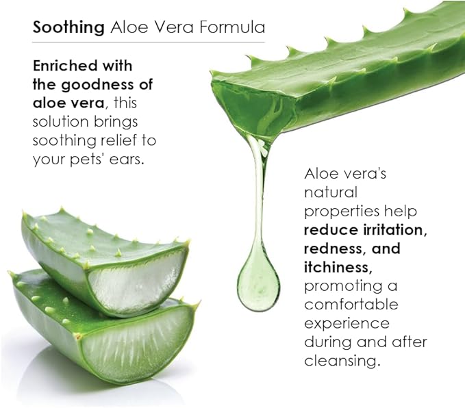 Ear Cleansing Solution with Aloe Vera for Dogs & Cats, Anti-Irritant Formula with Neutral pH and Aloe Vera, Deodorize & Gently Clean - 8 fl oz