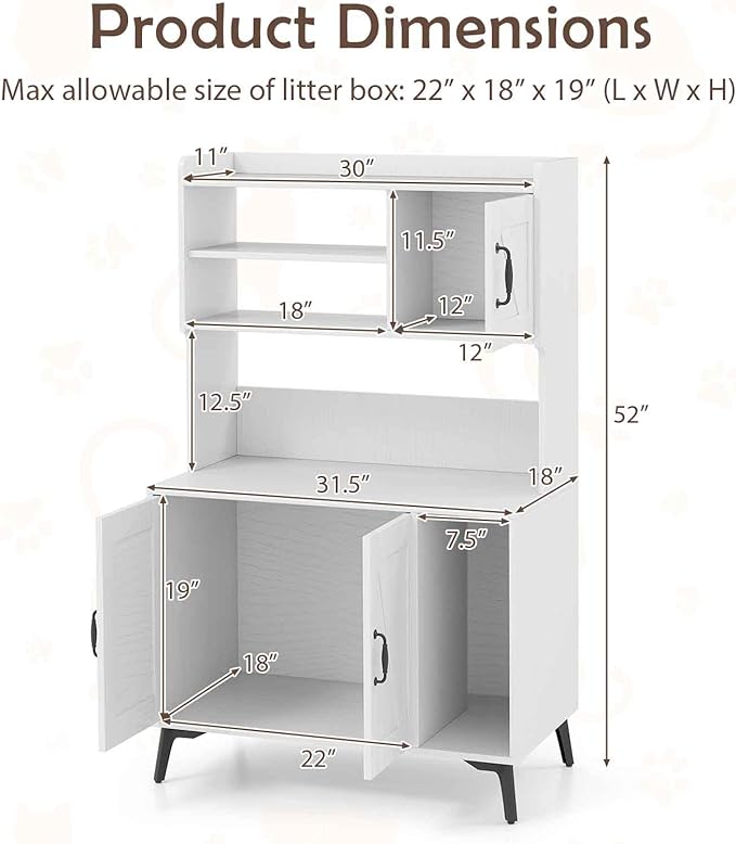 PETSITE Cat Litter Box Enclosure with Storage Shelf, 52 Inches Tall Modern Wooden Hidden Litter Box Furniture with Storage Shelving, Ideal for Indoor Cats (White)
