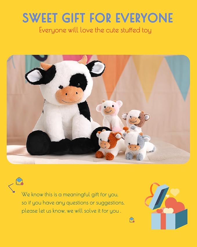 5 Pieces Cow Stuffed Animals for Boys Girls, 1 Mommy Cow with 4 Babies Soft Plush Toy Set Gifts for Kids Children 3 4 5 6 7 8 9 Years, Christmas, Birthday, Party Decorations