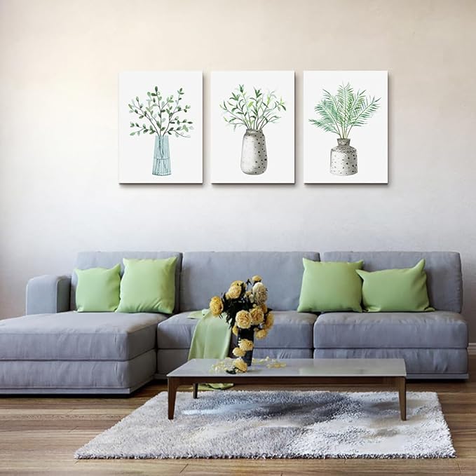 AHUASJART Canvas Wall Art Paintings For Kitchen Dining Room Large Size Wall Decor Living Room Wall Decoration For Bedroom Office Decor Green Leaf Vase Wall Pictures Artwork For Home Walls 3 Piece