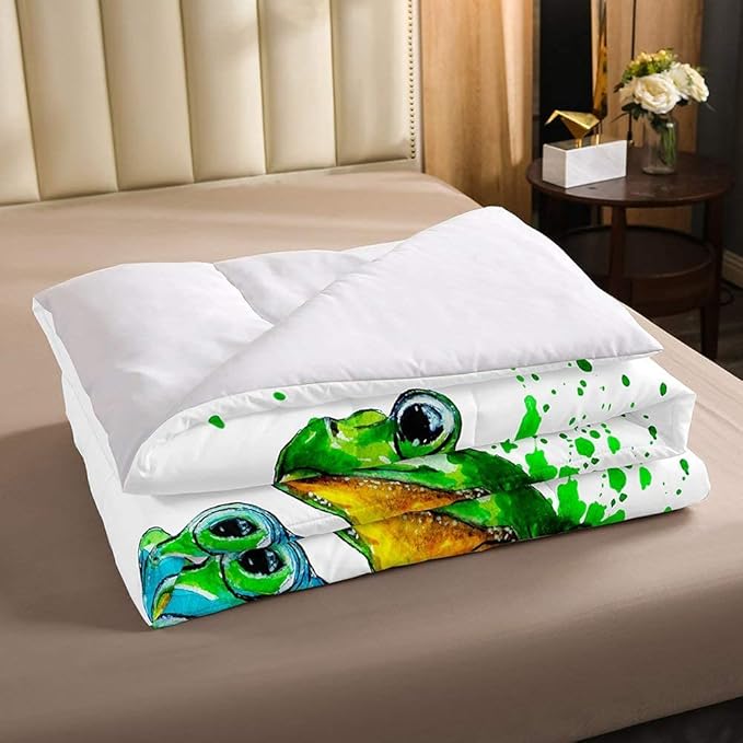 Erosebridal Cartoon Frog Comforter Set Queen Size, Green Tie Dye Down Comforter, Tree Branch Quilted Duvet,Animal Soft Duvet Insert for Kid Adult, White Room Decor Reversible All Season