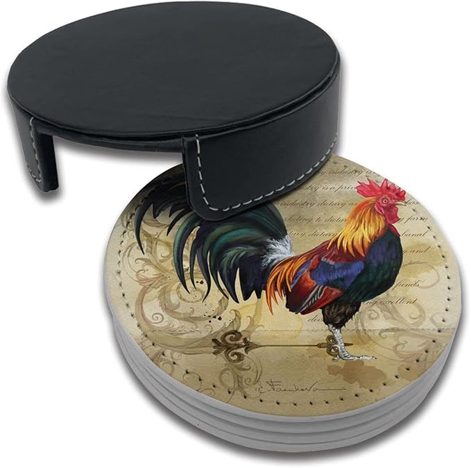 Vintage Rooster Coasters for Drinks with Holder Leather Coasters Set of 6 Table Decor Protect Furniture from Water Marks Scratch and Damage