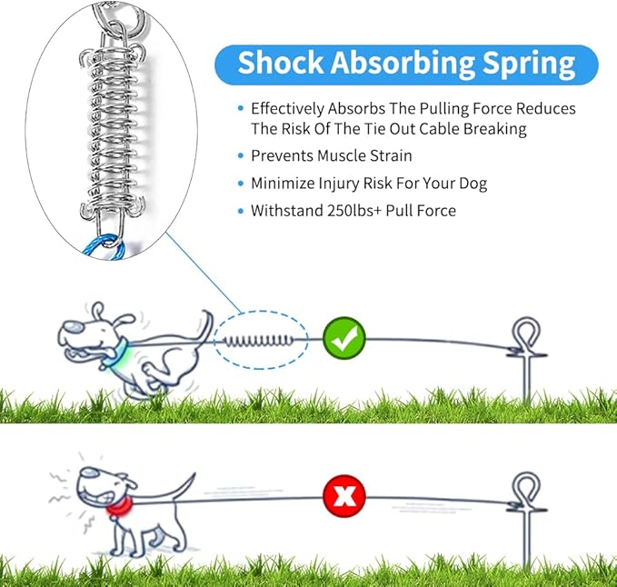 Tie Out Cable for Dog,60FT Dog Leads with Swivel Hook and Shock Spring,Heavy Duty Tie Out Cable for Large Dogs Up to 125lbs,Durable Dogs Runner Tether Line for Outdoor,Yard