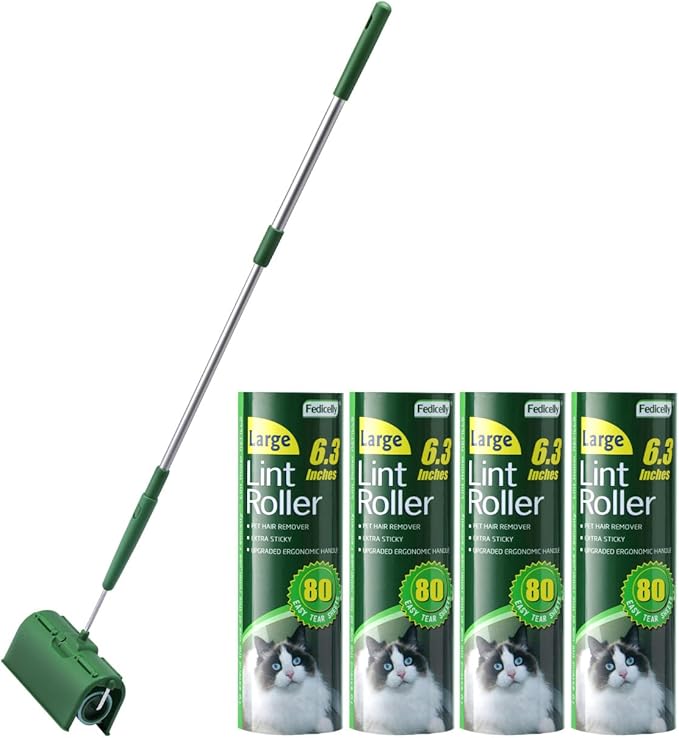 Floor Lint Rollers Pet Hair Extra Sticky with Retractable Long Handle,Large Cat Dog Hair Remover Laundry Clothes Carpet Furniture,6.3 inches Wider with 640 Sheets Giant Lint Remover Brush for Couch