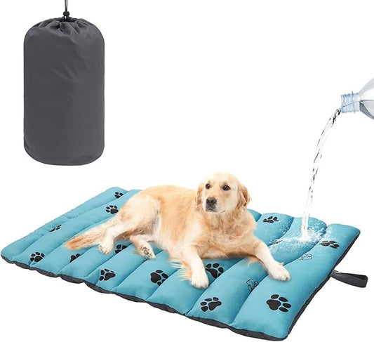 BEAUTYZOO Outdoor Dog Bed Waterproof, Camping Dog Bed Reversible, Portable Travel Bed with Carry Bag- Machine Washable, Durable, Foldable Outdoor Pet Bed Mat for Medium Large Dogs, 35” x 51“ Blue