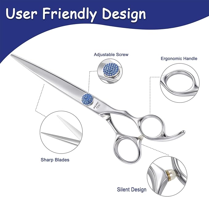 7'' Dog Grooming Scissors CNC 440C Blades Sharp and Durable Polished Straight Dog Shears with Blue Diamond Adustable Screws Easy to Use for Groomer and Home User