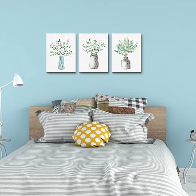 AHUASJART Canvas Wall Art Paintings For Kitchen Dining Room Large Size Wall Decor Living Room Wall Decoration For Bedroom Office Decor Green Leaf Vase Wall Pictures Artwork For Home Walls 3 Piece