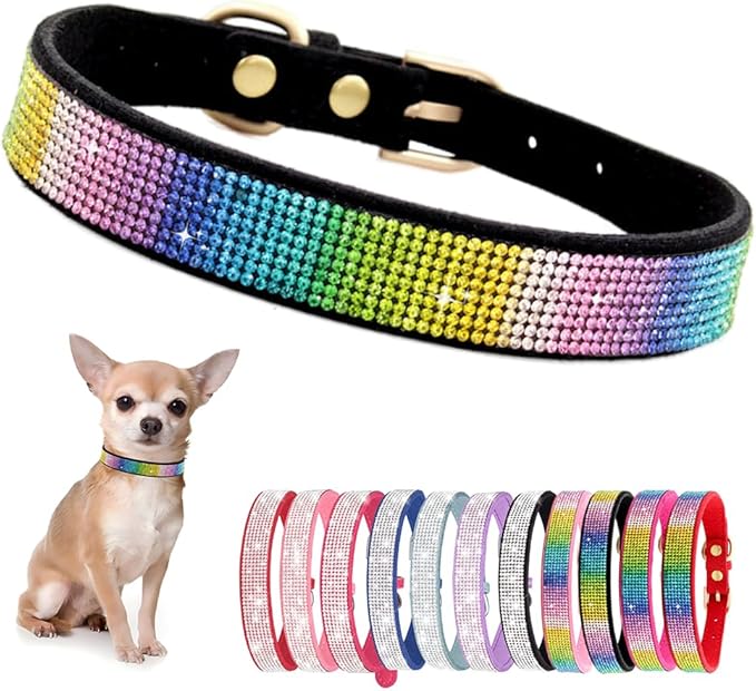 Rhinestone Dog Collar for Small Dogs, Bling Diamond Fancy Crystal Glitter Pretty Jewel Pet Puppy Collars for XXS XS Small Medium Large Breed Girl Dogs Female Cats Kitten, Colorful Black M