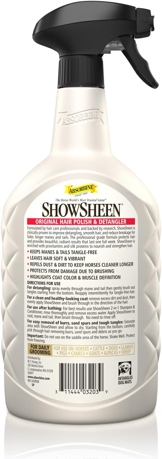 Absorbine ShowSheen Hair Polish & Detangler 32oz Spray Bottle, Horse and Dog Coat, Mane and Tail, Instant Detangling & Reduces Hair Breakage for Healthy Grooming & Radiant Shine