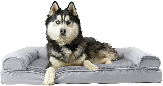 Furhaven Cooling Gel Dog Bed for Large Dogs w/ Removable Bolsters & Washable Cover, For Dogs Up to 95 lbs - Plush & Suede Sofa - Gray, Jumbo/XL