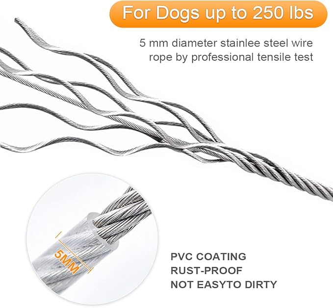 Tresbro 50FT Reflective Tie Out Cable for Dogs Up to 250 Pounds, Steel Wire Lead Leash Cable with Stainless Dual Fix Buckle, Lightweight and Enduring, Outdoor Dog Chains for Outside,Yard,Camping