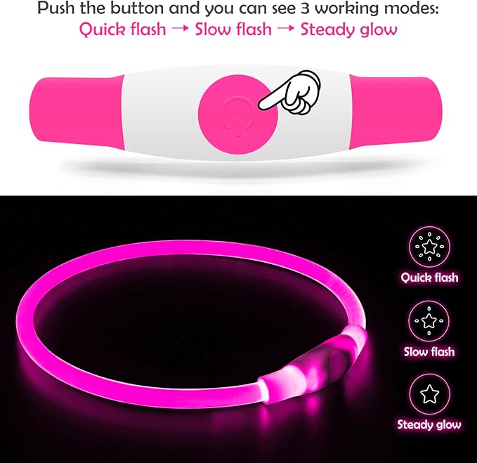 Led Dog Collar, BSEEN USB Rechargeable Flash Dog Necklace Light, Pet Safety Collar Makes Your Beloved Dogs Be Seen at Night for Small Medium Large Dogs(Pink)