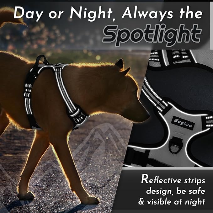 Eagloo Dog Harness Medium Sized Dog, No Pull Service Vest with Reflective Strips and Control Handle, Adjustable and Comfortable for Easy Walking, No Choke Pet Harness with 2 Metal Rings, Grey, M