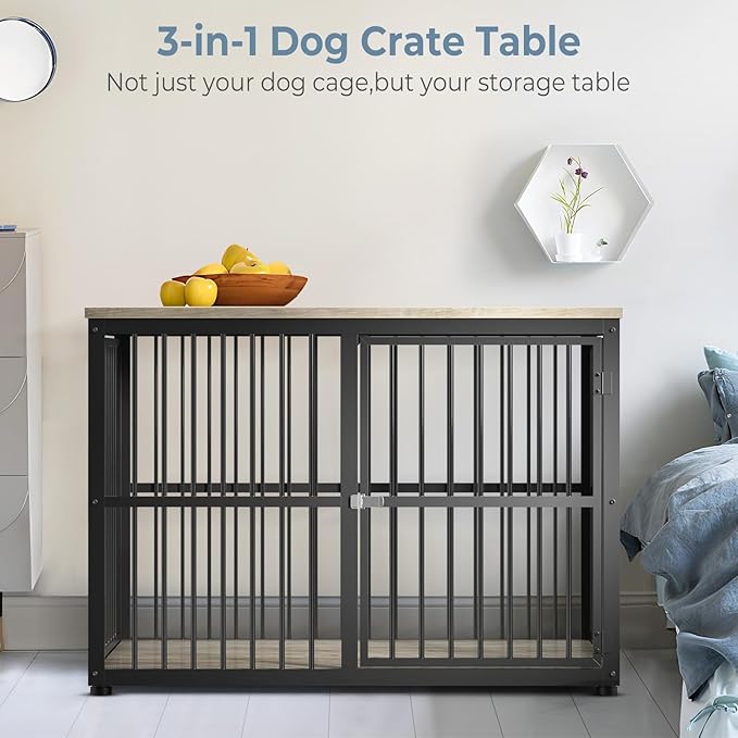 43'' Dog Crate Furniture with 3 Doors, XL Wooden Crate End Table, Heavy Duty Indoor Puppy Cage Kennel for Medium to Large Dogs, Multiple Units Can be Combined