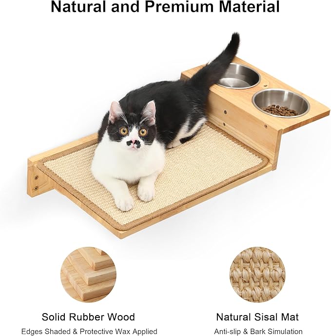 FUKUMARU Cat Wall Shelves, 3 In 1 Cats Walls Furniture Set, Food Station with 2 Steps , Solid Rubber Wood Perch, Suitable for Kitten Play, Nap, Eat, DIY Wall Jungle Gym