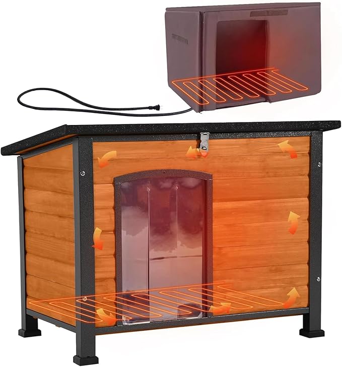 Aivituvin Dog House Outdoor Heated Dog Kennel with Insulated Liner & Heater for Winter Strong Iron Frame Large Dog Cage for Small & Medium Dogs,33.5"