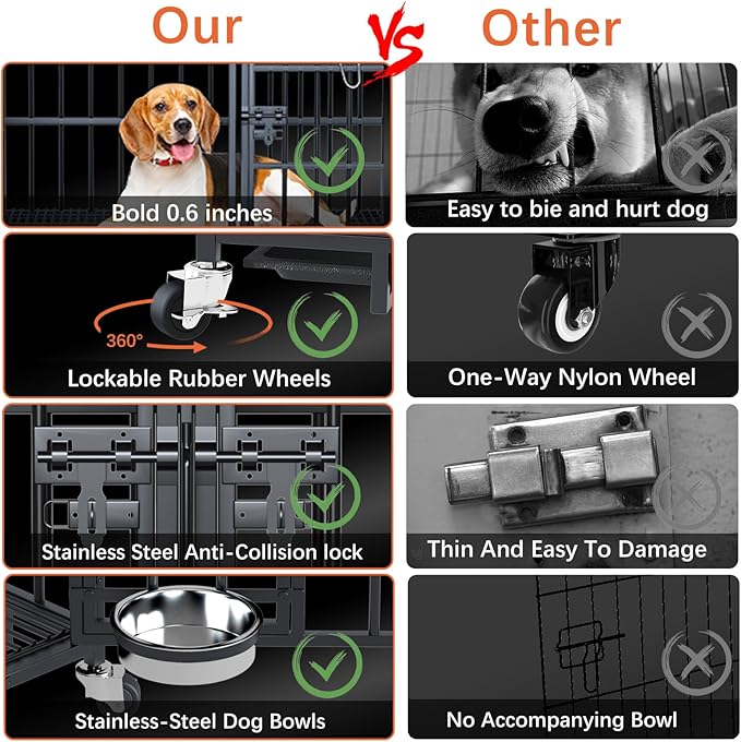 aboxoo 48/42 inch XL Dog Crate for Large Dog/Double Medium Dogs,Heavy Duty Metal Dog Cages,All Metal Open Top,Dog Kennel Indoor with Wheels,Floor Grid, Tray, Divider and Feeding Bowl