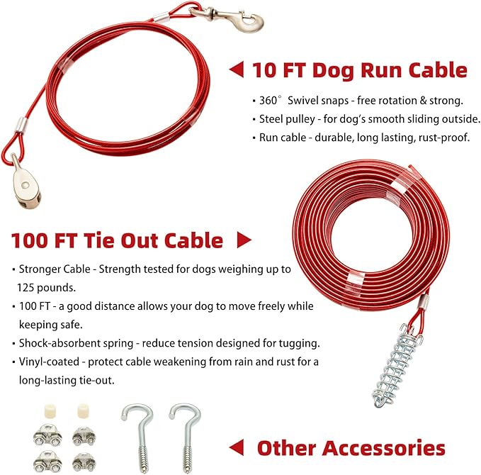 PUPTECK Outdoor Dog Run Cable for Small to Large Dogs up to 125lbs, Heavy Duty Tie Out Cable Trolley System with Runner Pulley Cable Zip Line for Yard, Camping, Long Lead Chain Leash