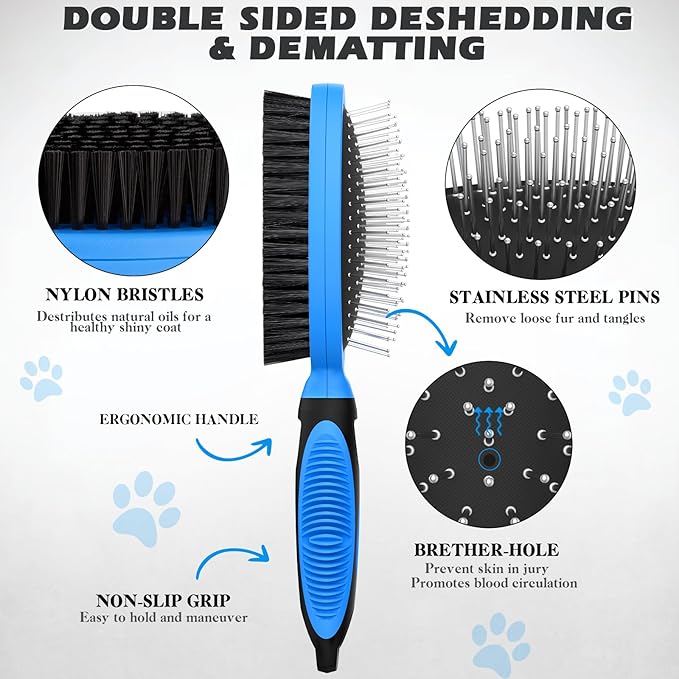 2PCS Pet Grooming Tools - Double-Sided Brush for Shedding and Bathing, Suitable for Short/Long Haired Dogs Cats and Horses, Deshedding Dog Brush, Mane & Tail Combs for Horses - Pet Supplies (Blue)