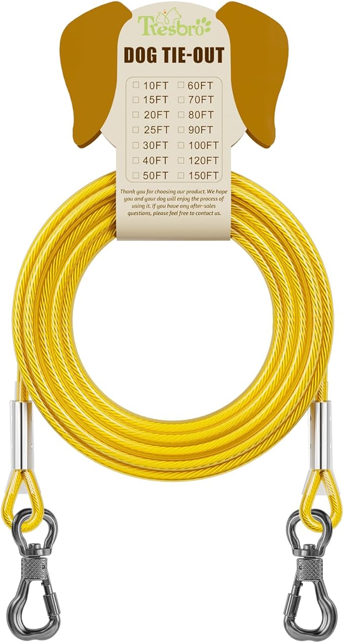 Tresbro 15FT Reflective Tie Out Cable for Dogs Up to 250 Pounds, Steel Wire Lead Leash Cable with Stainless Rotatable Buckle, Lightweight and Enduring, Dog Chains Outside for Outdoor, Yard, Yellow