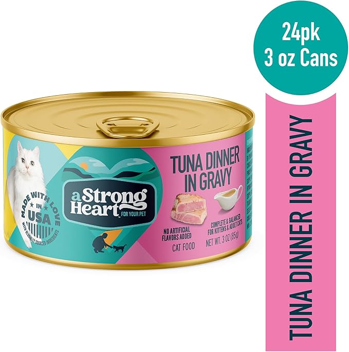 A Strong Heart Canned Wet Cat Food, Tuna Dinner in Gravy - 3 oz Cans (Pack of 24), Made in The USA with Real Tuna