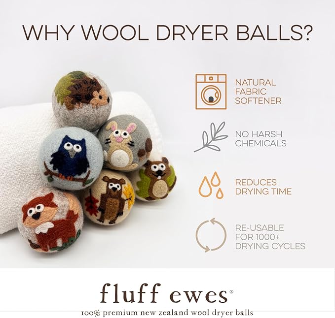 Fluff Ewes Wool Dryer Balls 6 Pack Premium New Zealand Wool Laundry Balls for Dryer, No Static Dryer Balls Laundry Reusable, XL Hedgehog Dryer Balls, Baby Dryer Balls for Dryers - Hedgehog and Homies