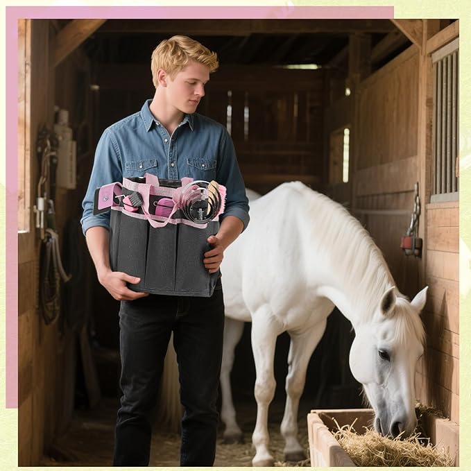 Abbylike 12 Pieces Horse Grooming Kit with Organizer Tote Bag Tack Room Supplies Horse Brush Sets Equine Care Cleaning Kit Shedding Grooming Massaging Tools(Pink and Grey)