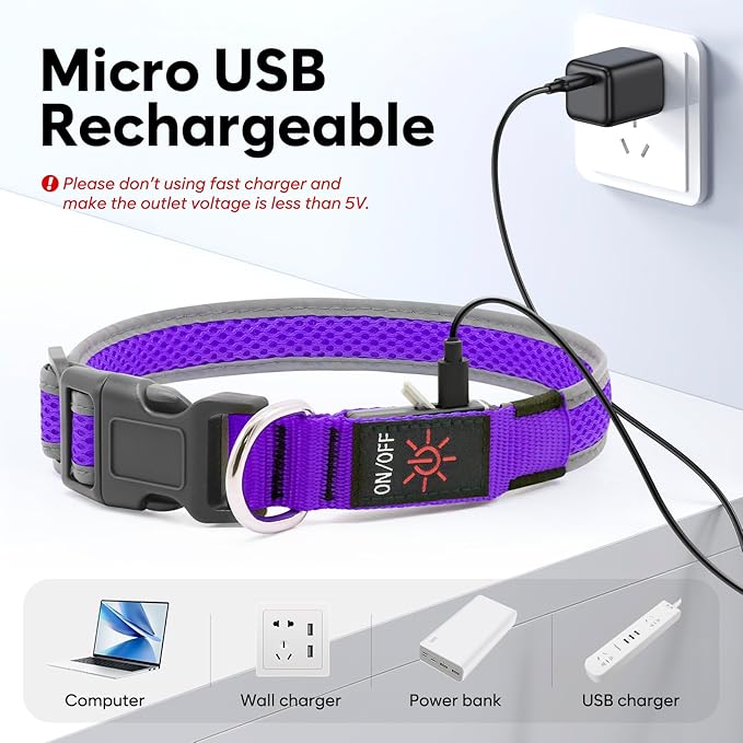 Flashseen LED Dog Collar, Light Up Dog Collar Light USB Rechargeable, Adjustable Comfortable Soft Mesh Safety Collar for Small, Medium, Large Dogs(Large, Purple)