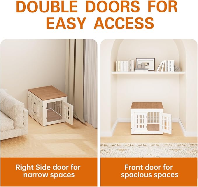 26" Heavy Duty Dog Crate Furniture for Small,Medium and Large Dogs,Rustic Wooden Dog Cage Kennel Indoor Furniture with Waterproof Top,Decorative Pet House Side End Table (White & Wood)