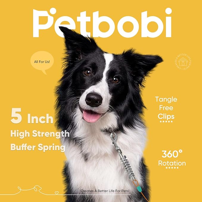 Petbobi Dog Tie-Out Cable 20ft - Outdoor Leash 4mm Metal Cable with Shock Absorbing Spring 360° Swivel Clips, Chain for Dogs Yard Camping, Fit Small Medium Large Pets Up to 60lbs, Orange
