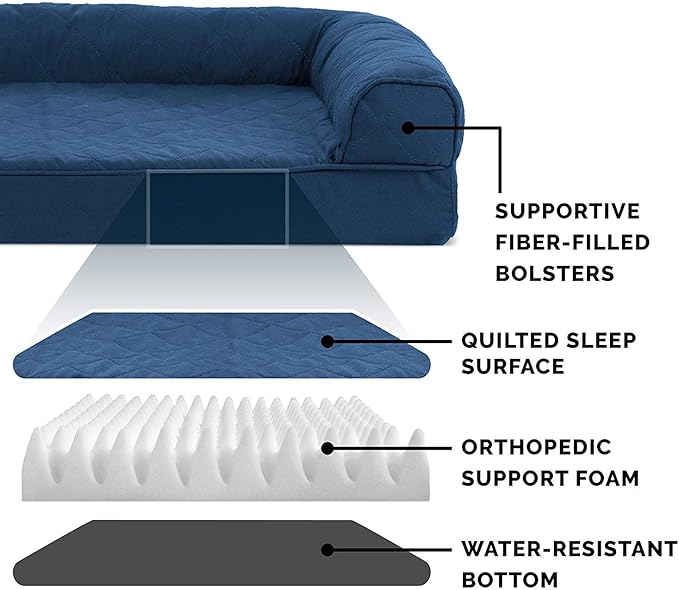 Furhaven Orthopedic Dog Bed for Large/Medium Dogs w/ Removable Bolsters & Washable Cover, For Dogs Up to 55 lbs - Quilted Sofa - Navy (Blue), Large