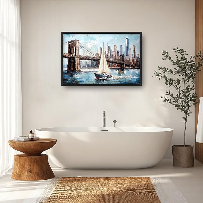 Extra Large Sailboat Framed Wall Art for Living Room,Oversized New York Brooklyn Bridge Pictures Wall Decor,Cityscape Canvas Print Painting Modern Artwork Bedroom Office Bathroom 36L" x 24W"
