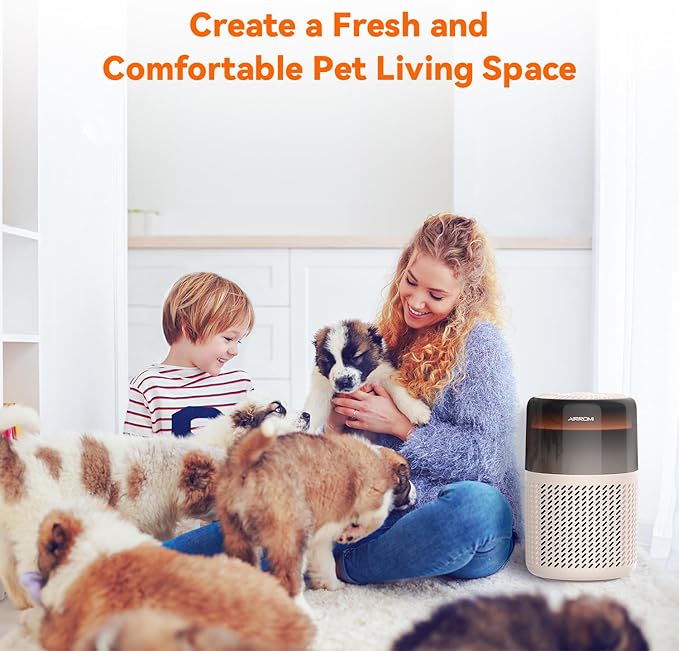 AIRROMI Air Purifier for Bedroom Home,HEPA Filter,Covers Upto 549 Ft²,Quiet 360°intake Air Cleaner with Fragrance ponge for Better Sleep,Night Light,Filters Smoke,Pet Dander,Allergies,Dust,A2005 Beige