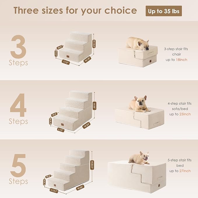 EHEYCIGA Dog Stairs for Small Dogs 13.5" H, 3-Step Dog Steps for Couch Sofa and Chair, Pet Steps for Medium Cats, Non-Slip Balanced Pet Ramp Indoor, Beige