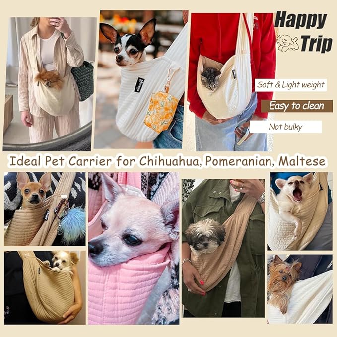 NATUYA Small Dog Carrier Sling, Adjustable Strap Lightweight Comfy Puppy Pouch, Hand Free Pet Dog Sling Walking Subway Travel Toy Dog Carrying Bag (Pink,Adjust Strap-Canvas)