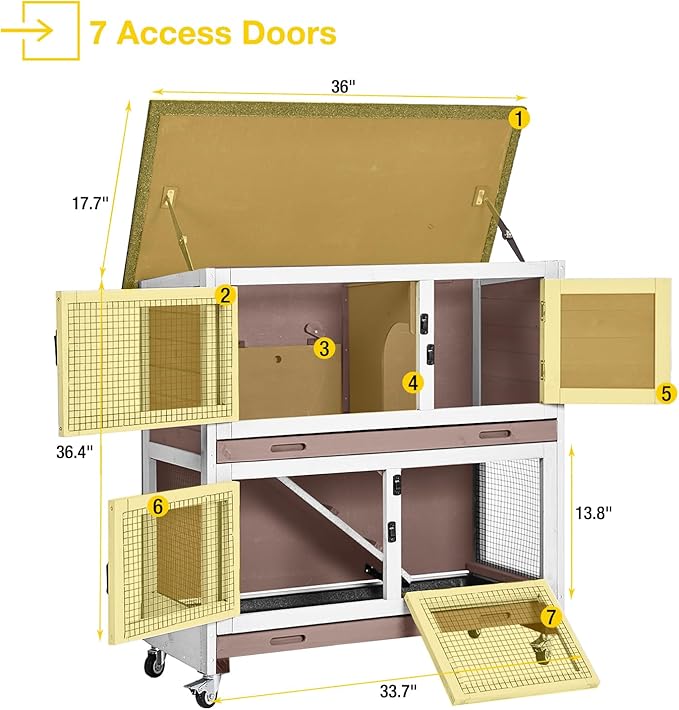 AIVITUVIN Wooden Rabbit Hutch Indoor Outdoor Rabbit Cage with Two Removable Trays Bunny Cage on Wheels Pet House Guinea Pig Cage 2 Story (Brown)