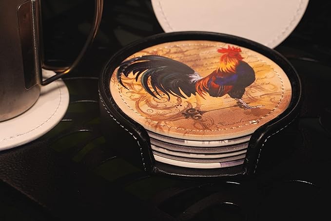 Vintage Rooster Coasters for Drinks with Holder Leather Coasters Set of 6 Table Decor Protect Furniture from Water Marks Scratch and Damage
