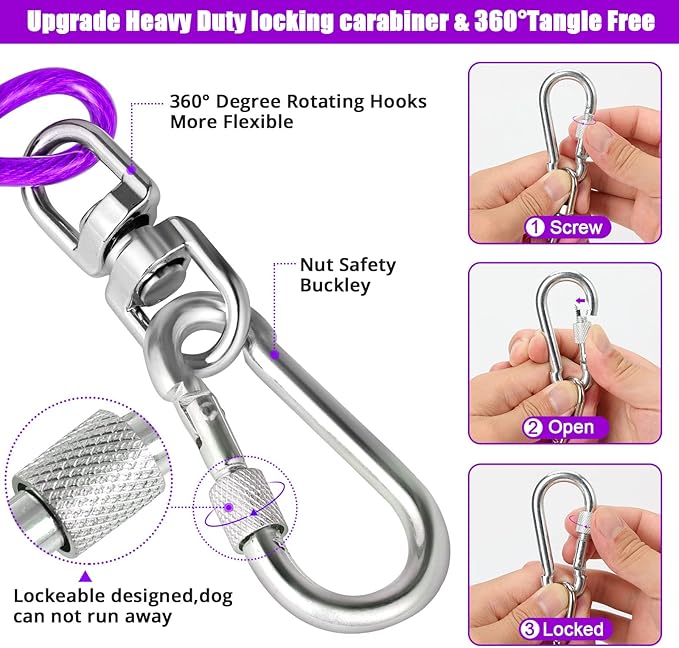 Jenico Dog Tie Out Cable - 10/15/20/30/40/50/70/100/150FT Runner Cable with Swivel Hook and Shock Spring, Leash Tether for Yard, Outdoor and Camping, for Small to Medium Pets Up to 500 LBS