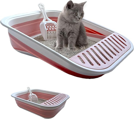 Collapsible Kitten Litter Box, 17.7 x 13.4 x 5 inch Shallow Travel Litter Box Senior Cats Open Cat Potty Pan with Scoop Anti-Splashing Low Entrance Cat Toilet with Falling Sand Pedal Grey