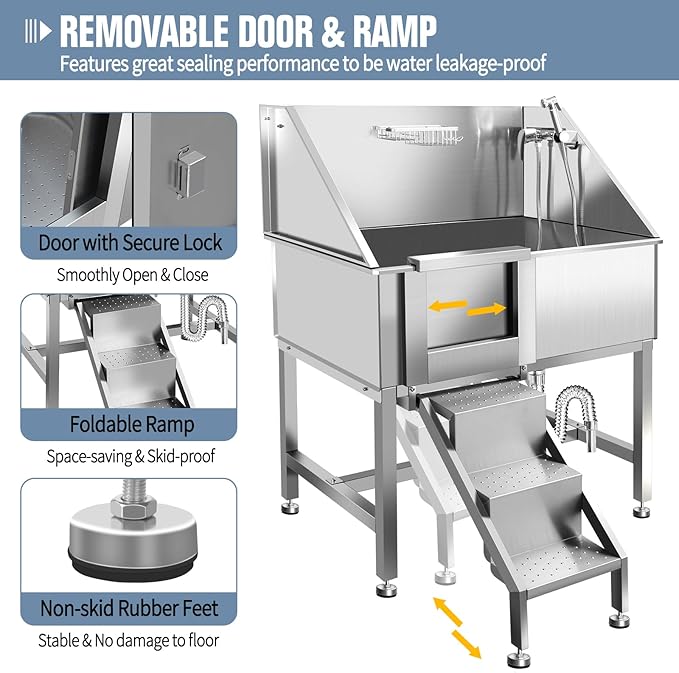 38" Dog Washing Station, Professional Stainless Steel Dog Bathing Station, Equipped with Three Anti-Slip Steps, Removable Door, Upgraded Spray Nozzle&Hose - Ideal for Home, Pet Grooming Salon,L-RAMP
