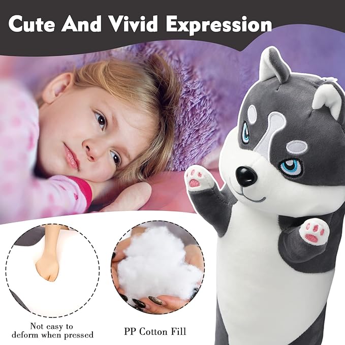 Long Husky Plush Pillow, 35.4in Cute Dog Plushie Stuffed Animals Body Pillow, Kawaii Husky Soft Plushie Doll Toy Birthday Gift for Kids Girlfriend